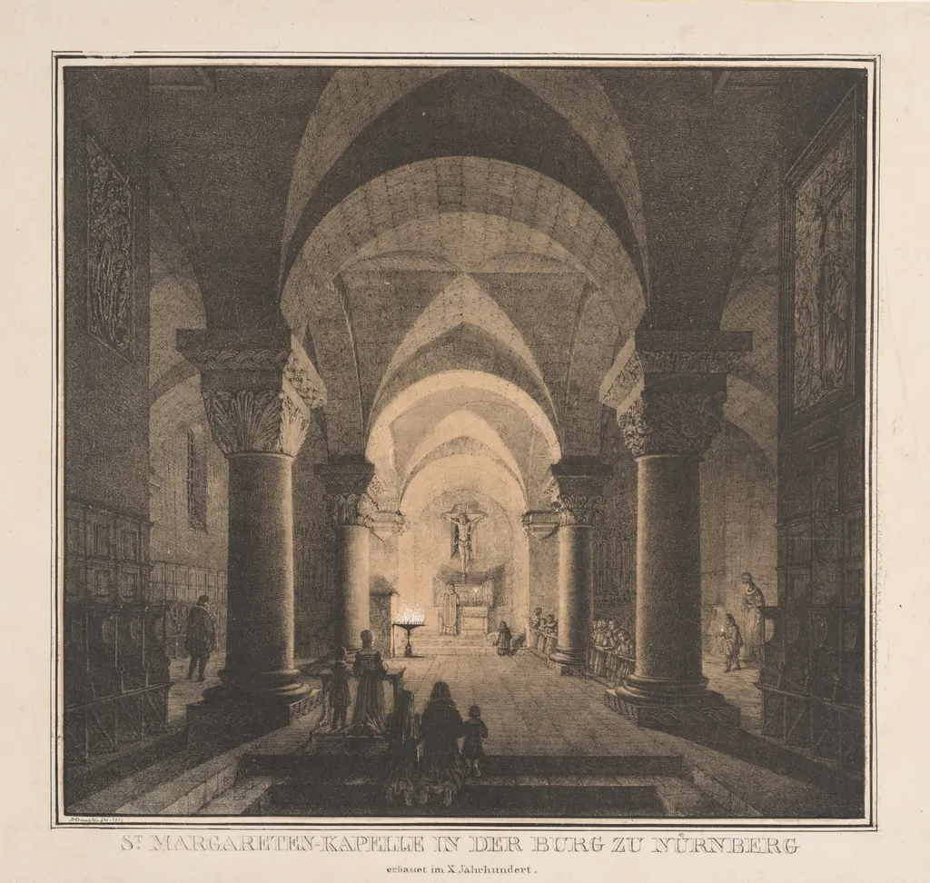 Notable Buildings of the Middle Ages in Germany:  St. Margaret's Chapel in the Imperial Castle at Nuremberg, by Domenico Quaglio, 1819
