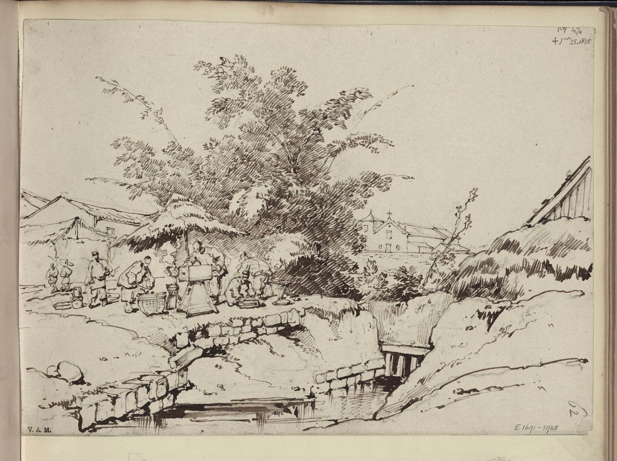 A stream with a blacksmith beyond, and a distant view of the church of S. Antonio, Macau, detail