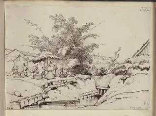 A stream with a blacksmith beyond, and a distant view of the church of S. Antonio, Macau, by George Chinnery, 13