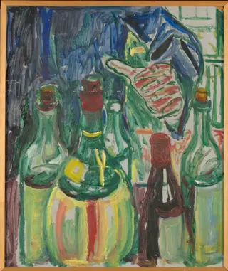 Hand Reaching out for Bottles, by Edvard Munch, oil, 1938