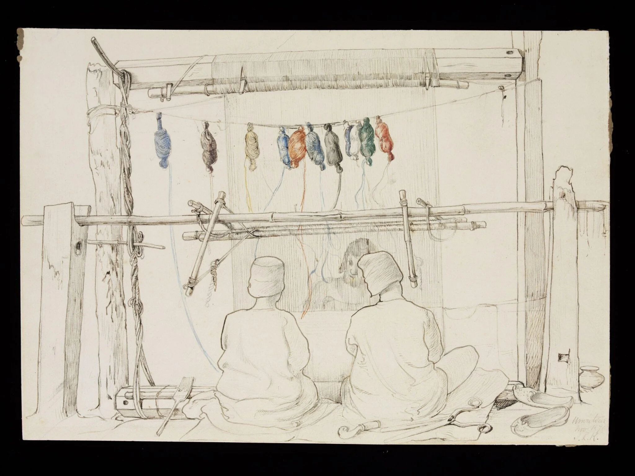 Three men from Amritsar jail working at a carpet loom, detail
