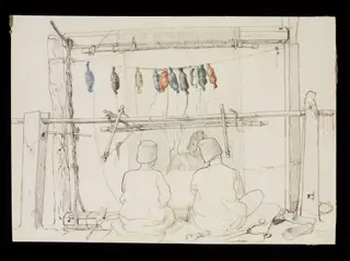 Three men from Amritsar jail working at a carpet loom, by John Lockwood Kipling, 1870