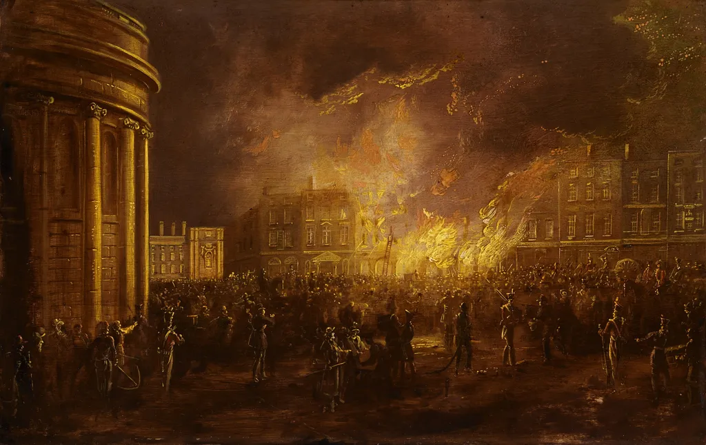 The Burning of the Arcade in College Green, Dublin, by William Sadler, unspecified, 1837