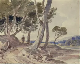 Landscape with trees and water, by John Linnell, watercolor, 1850