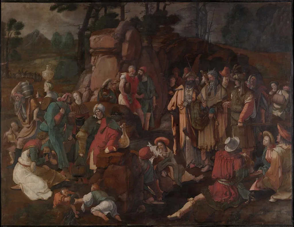 Moses and the Israelites after the Miracle of Water from the Rock, by Lucas van Leyden, tempera, 1527