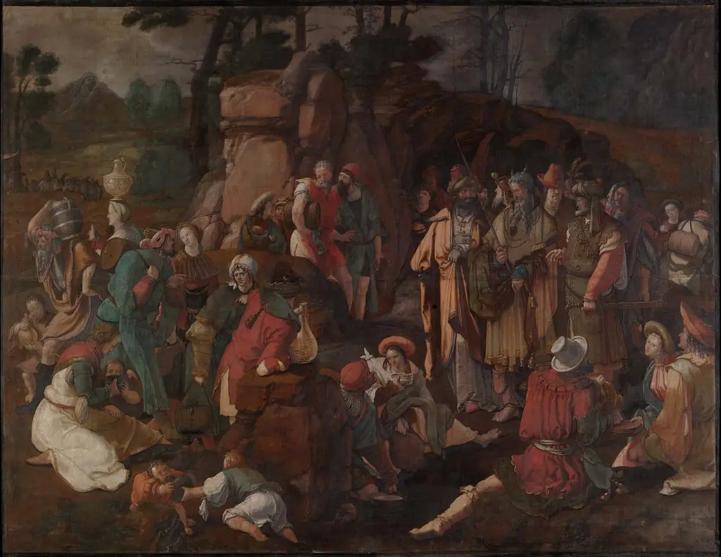 Moses and the Israelites after the Miracle of Water from the Rock, by Lucas van Leyden, tempera, 1527
