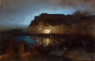 Fireworks in Naples, by Oswald Achenbach, oil, 1875