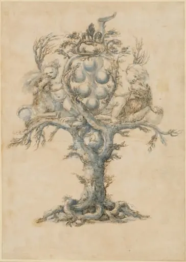 A Wine Decanter with Lions and Putti, by Master of the Medici Banquet Decanters, ink, 1660