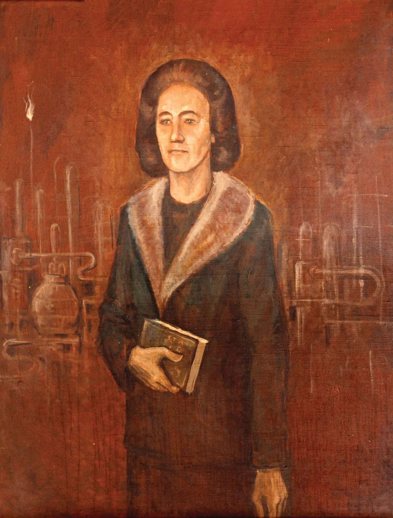 Tablou, ulei pe pânză, Portret Elena Ceaușescu, lucrarea nu este semnată sau datată. Elena Ceaușescu este prezentată ținând în mâna dreaptă un volum (probabil lucrarea sa de doctorat), în fundal se disting instalații industriale din domeniul chimic și petrochimic. Comandat și oferit de Comitetul Municipal al Femeilor, București, 6 ianuarie 1979., detail