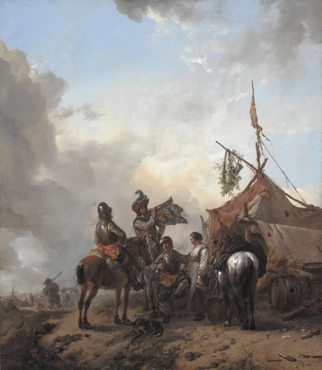 Soldiers Carousing with a Serving Woman outside a Tent, by Philips Wouwerman, oil, 1655