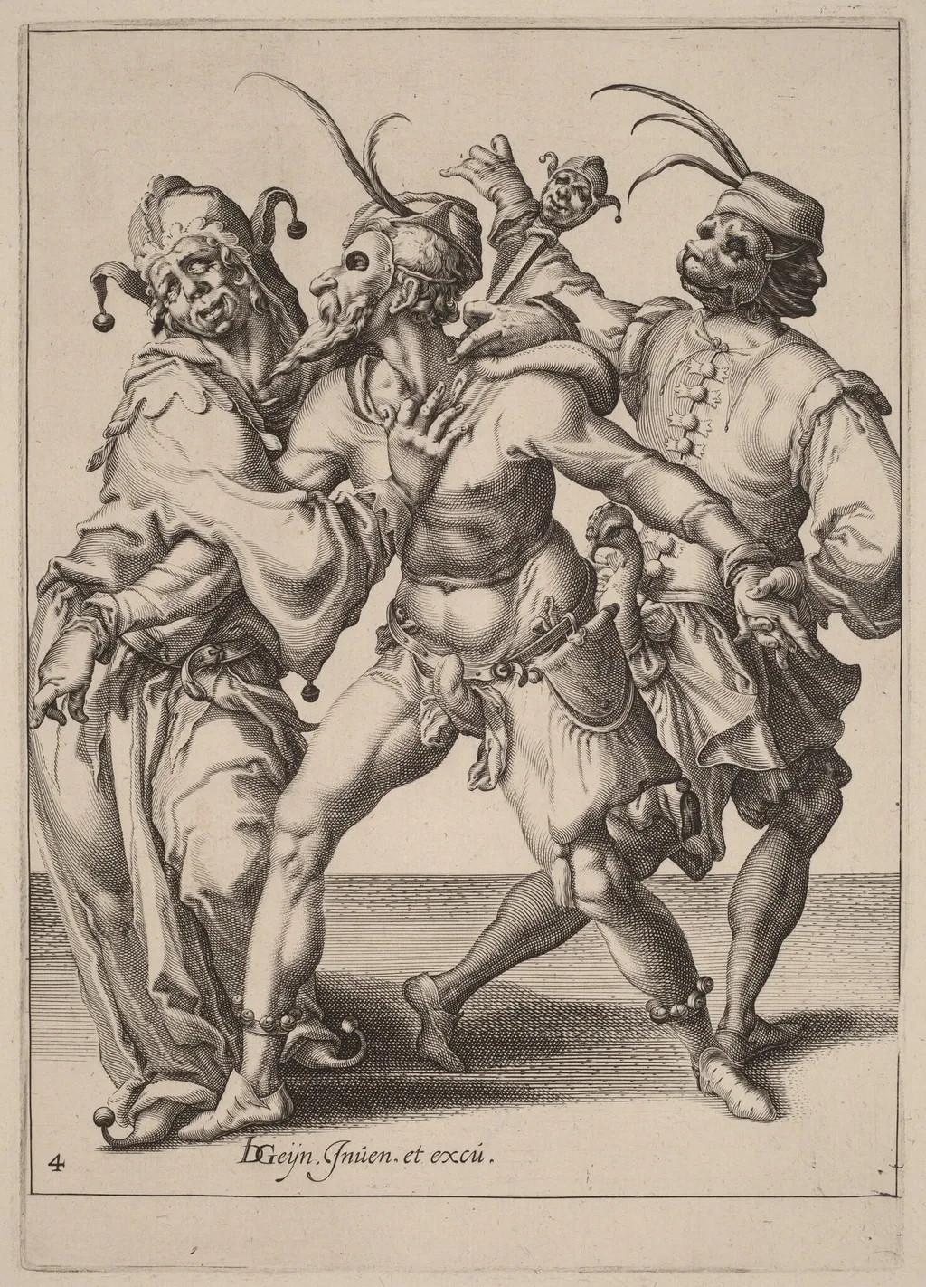 Three Dancing Mummers, Including a Jester, by Zacharias Dolendo, ink, 1596