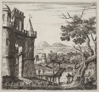 Landscape with a Castle and a Drawbridge, by Giuseppe Antonio Landi, ink, 1753