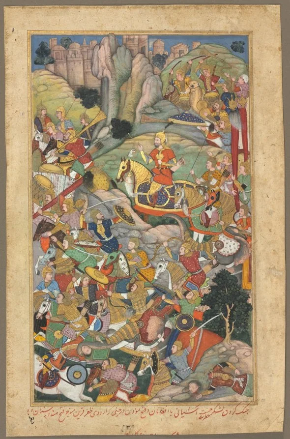 Mughal ruler Humayun defeating the Afghans before reconquering India, folio from an Akbar-nama (Book of Akbar) of Abu’l Fazl (Indian, 1551–1602), detail