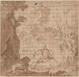 The Lion Hunt, by Vicencio Carducho, chalk, 1608