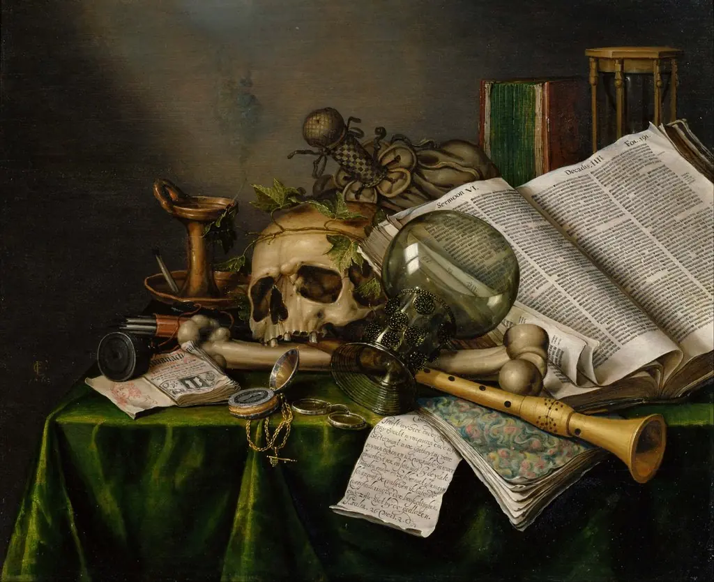 Vanitas, Still Life with Books and Manuscripts and a Skull, by Evert Collier, oil, 1663