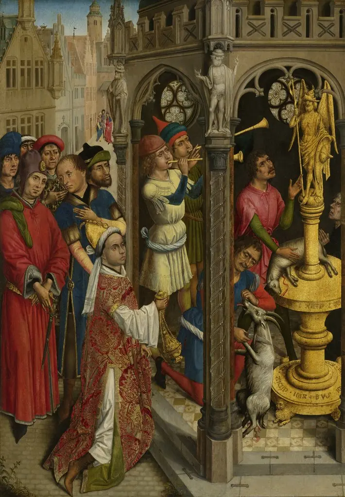 Augustine sacrificing to an idol of the Manichaeans (?), by Aert van den Bossche, oil, 1490