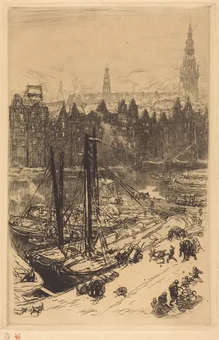 Amsterdam Seen from Victoria Hotel (Amsterdamvue de Victoria Hotel), by Auguste Louis Lepère, ink, 1901