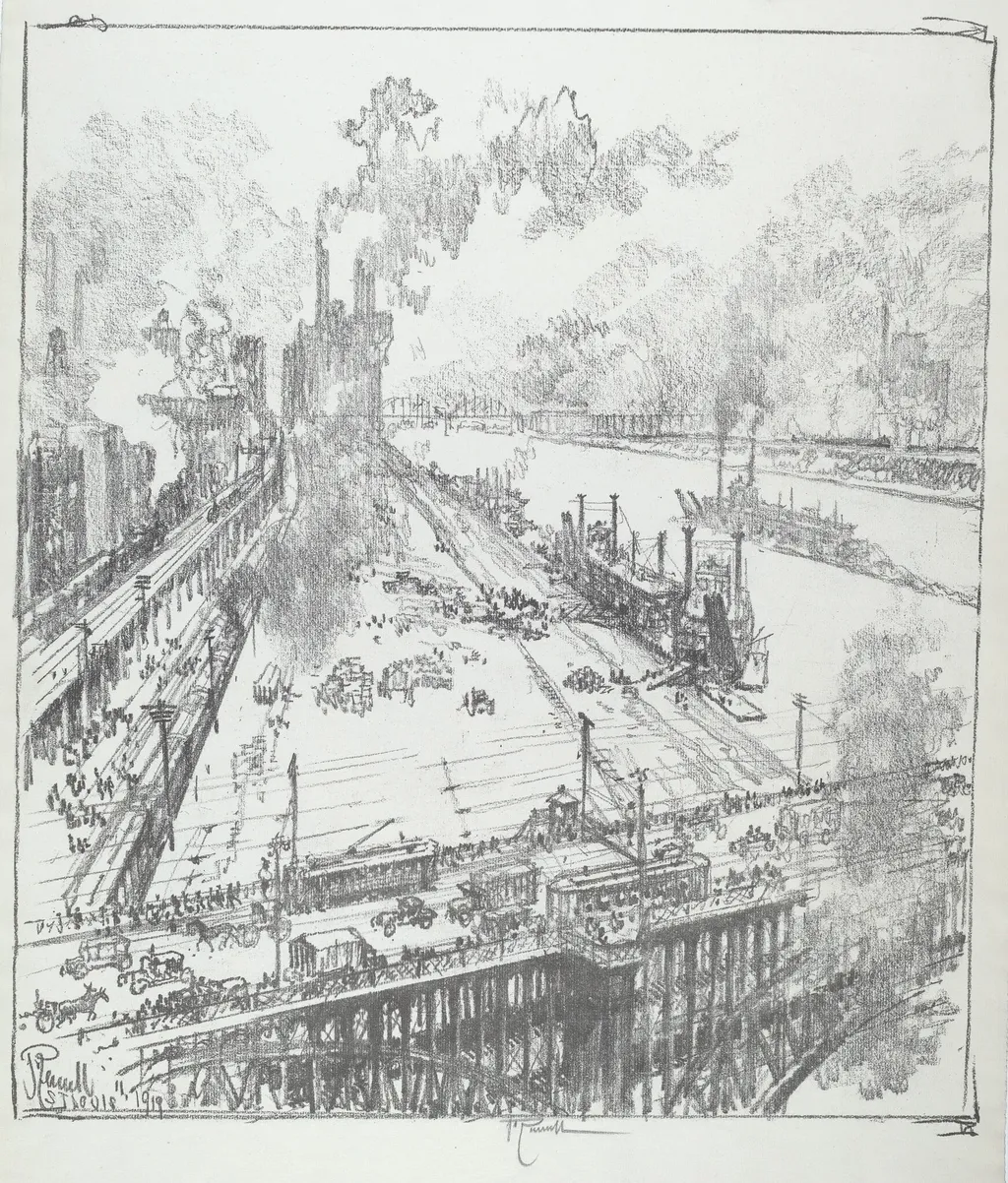 The Levee from Eads Bridge, St. Louis, by Joseph Pennell, ink, 1919