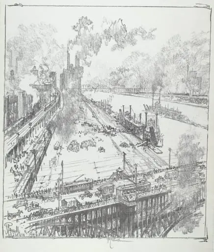 The Levee from Eads Bridge, St. Louis, by Joseph Pennell, ink, 1919