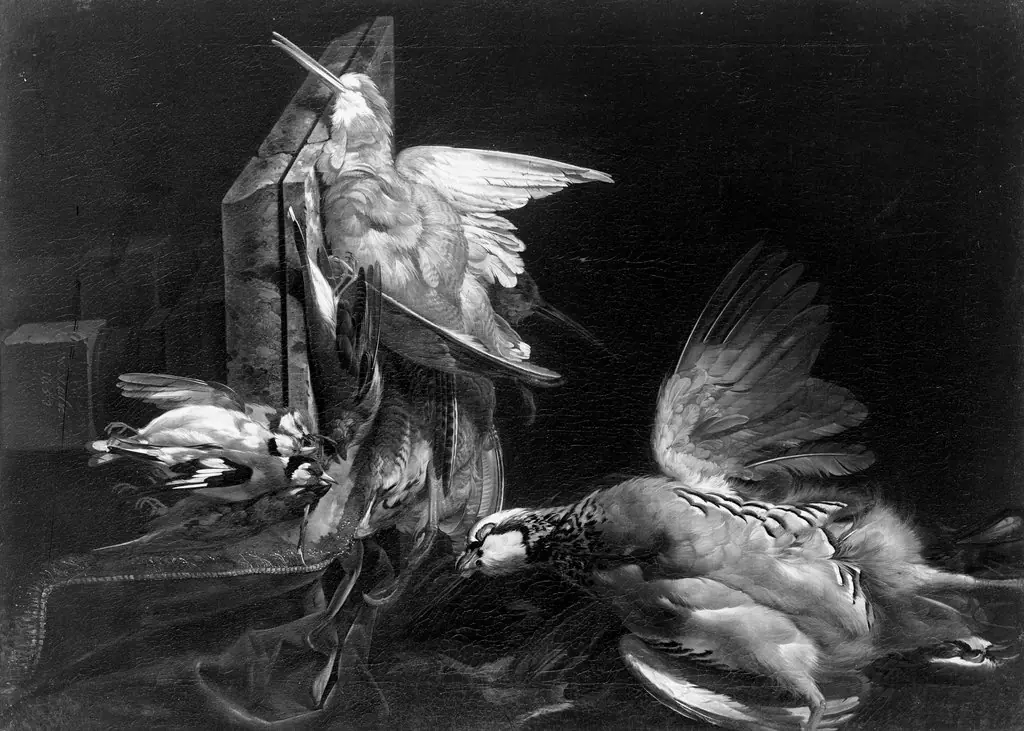 Still life with snipe, goldfinch and stone fowl, by Willem van Aelst, paint, 1653