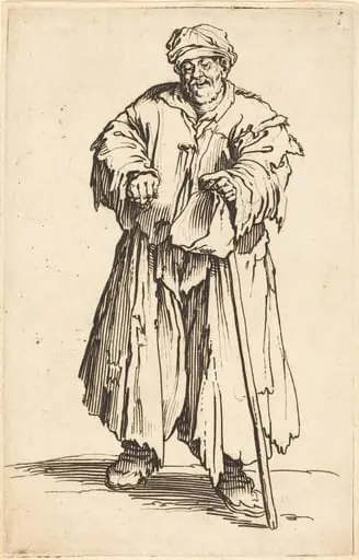 Fat Beggar with Eyes Cast Down, by Jacques Callot, ink, 1622