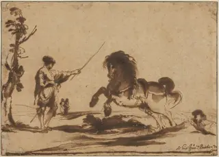 Landscape with the Taming of a Horse, by Guercino, ink, 1625