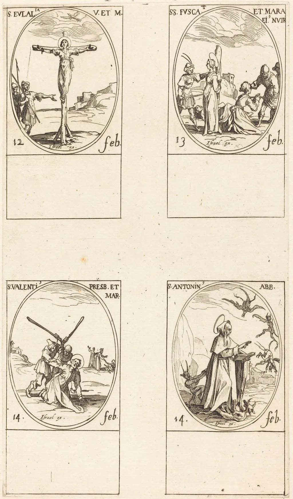St. Eulalia; St. Fusca and Maura; St. Valentine; St. Anthony, by Jacques Callot, ink, 1634