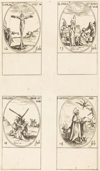 St. Eulalia; St. Fusca and Maura; St. Valentine; St. Anthony, by Jacques Callot, ink, 1634