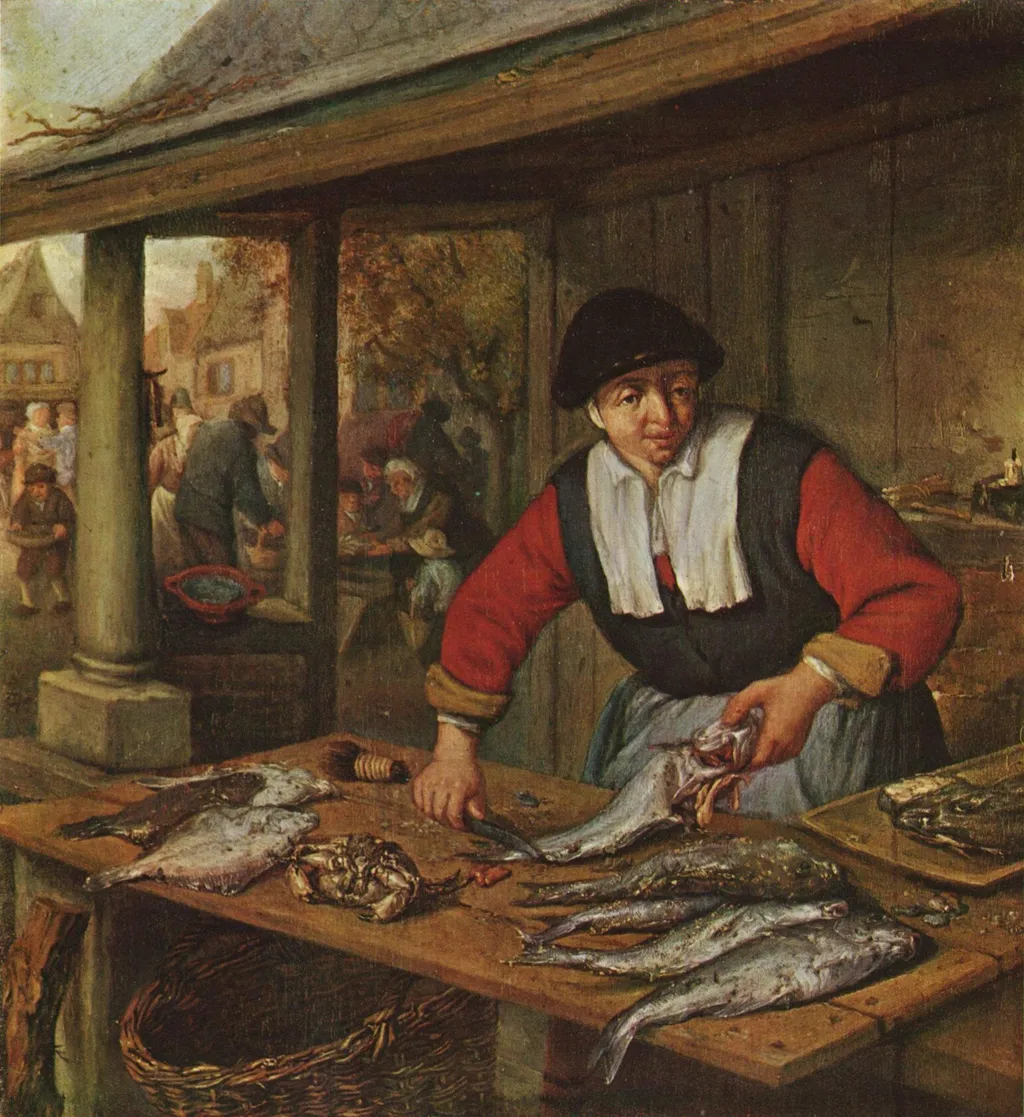 The Fishwife in her Marketstall, by Adriaen van Ostade, oil, 1670