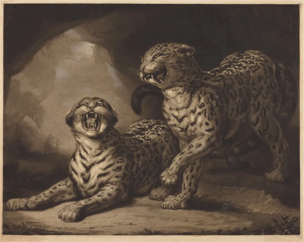 Leopards, by Samuel William Reynolds I, chalk, 1798