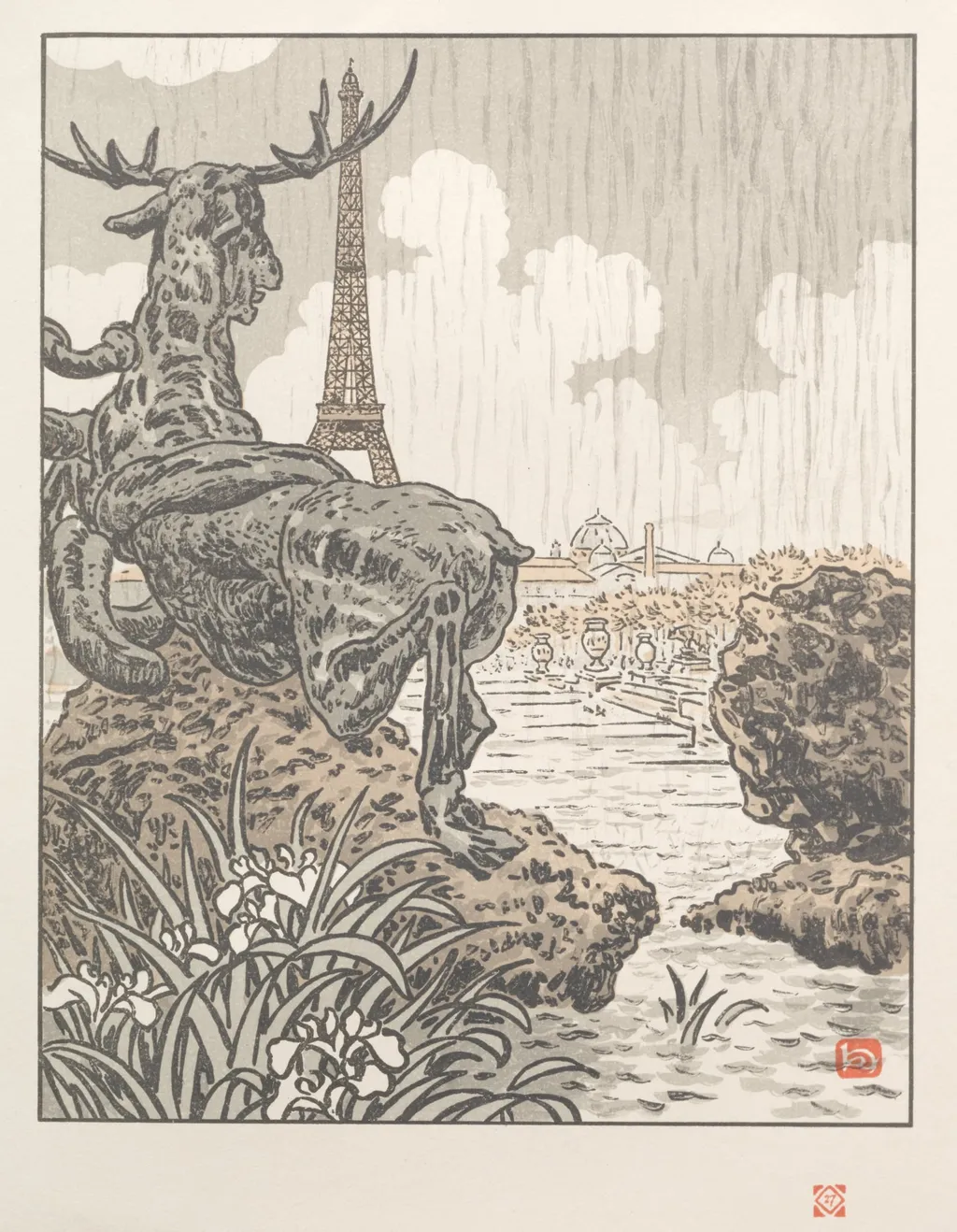 Thirty-Six Views of the Eiffel Tower: From Behind Frémiet's Elk (Trocadero), by Henri Rivière, 1902