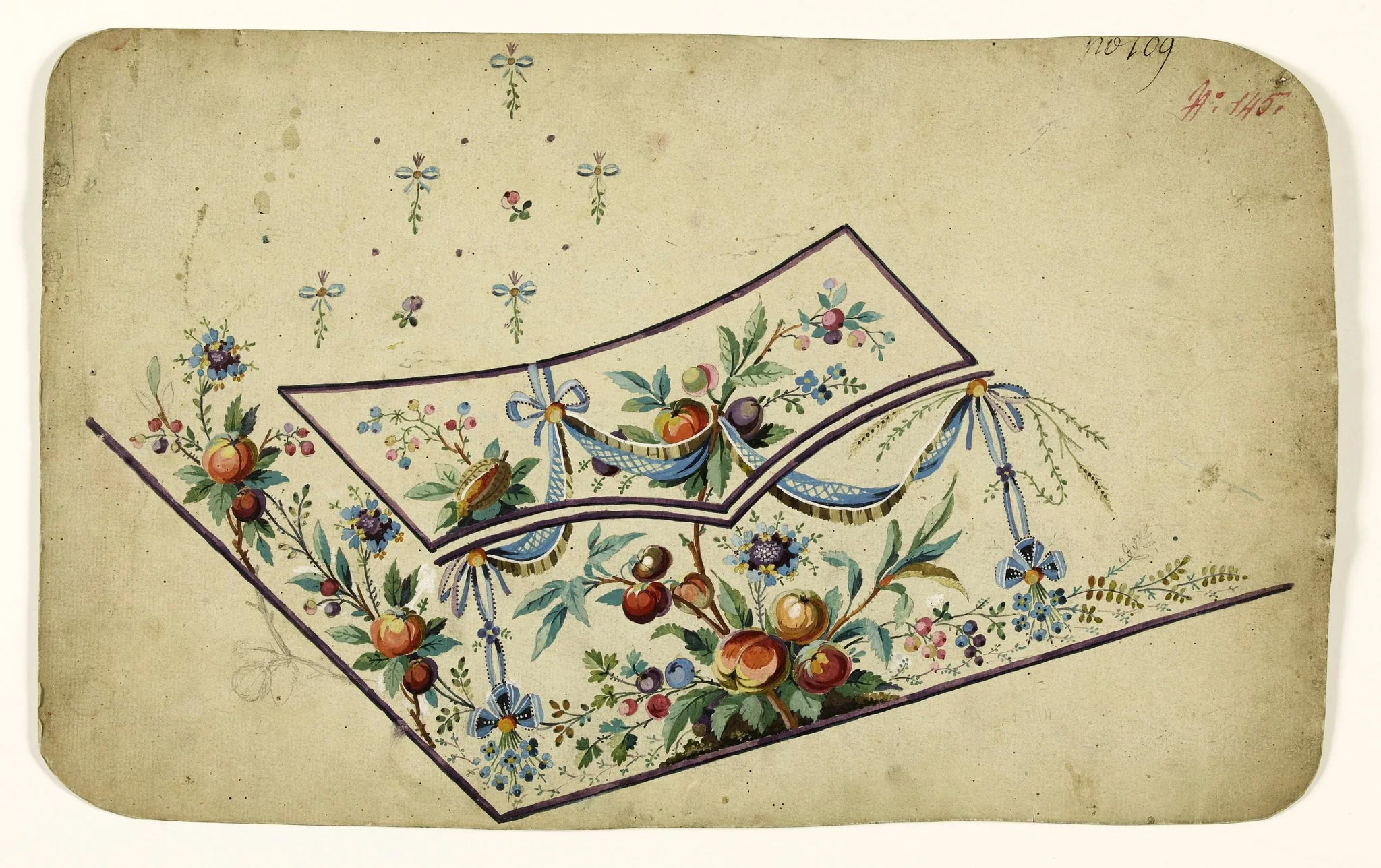 Composition de fruits sur branches et de baies avec guirlande de ruban à noeuds bleus, projets de broderies de gilet, XVIIIème siècle, detail