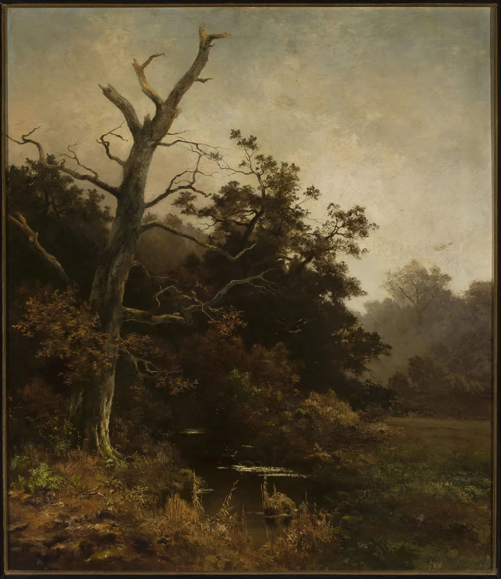 Withered tree on a river bank, by Ludwig Willroider, oil, 1875