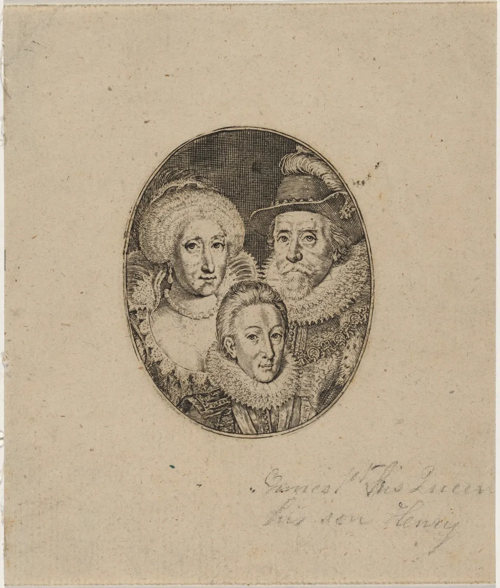James I, Anne of Denmark, and Prince Charles, by Simon van de Passe, ink, 1621