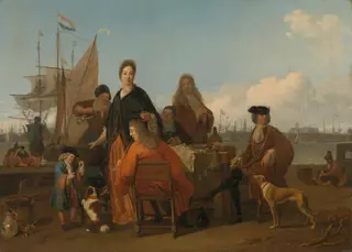 The Bakhuysen and de Hooghe Families dining at the Mosselsteiger (Mussel Pier) on the Y, Amsterdam, by Ludolf Bakhuizen, unspecified, 1702