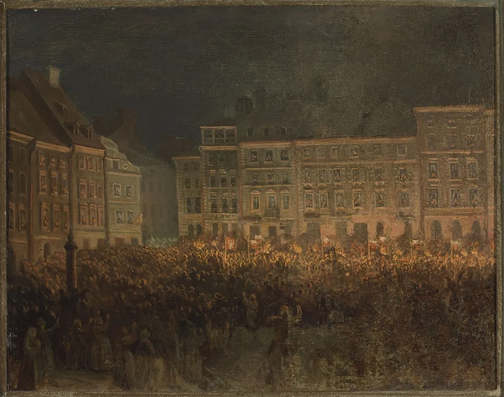 Patriotic manifestation at the square of the Old Town in 1861, by Aleksander Lesser, oil, 1861