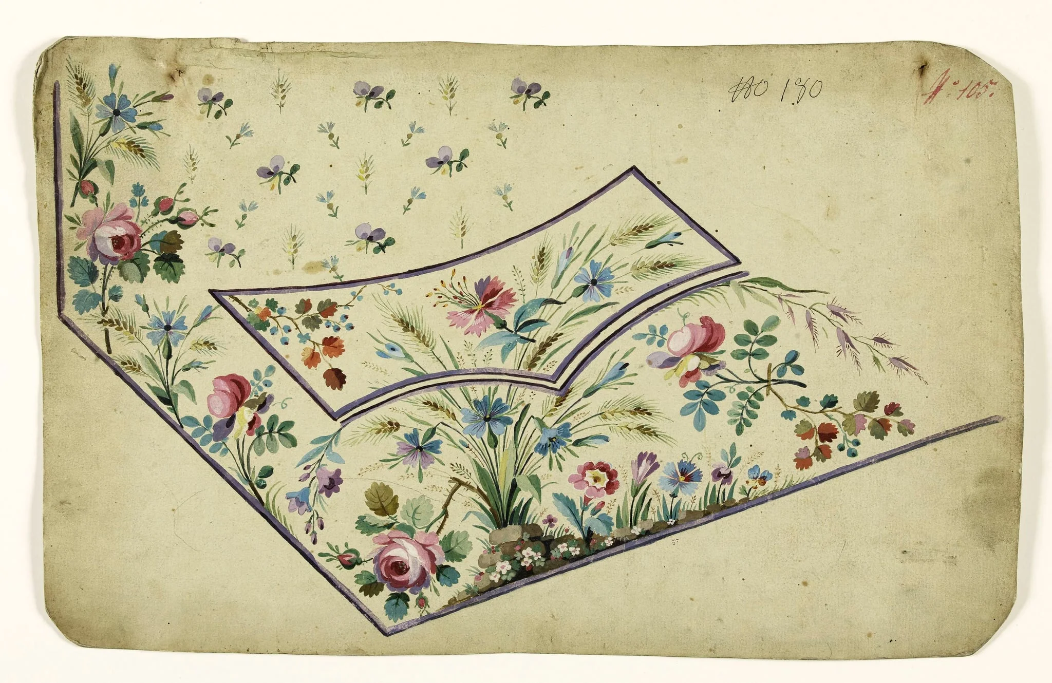 Composition de fleurs sauvages, d'épis et d'amoncellement de galets, projets de broderies de gilet, XVIIIème siècle, detail
