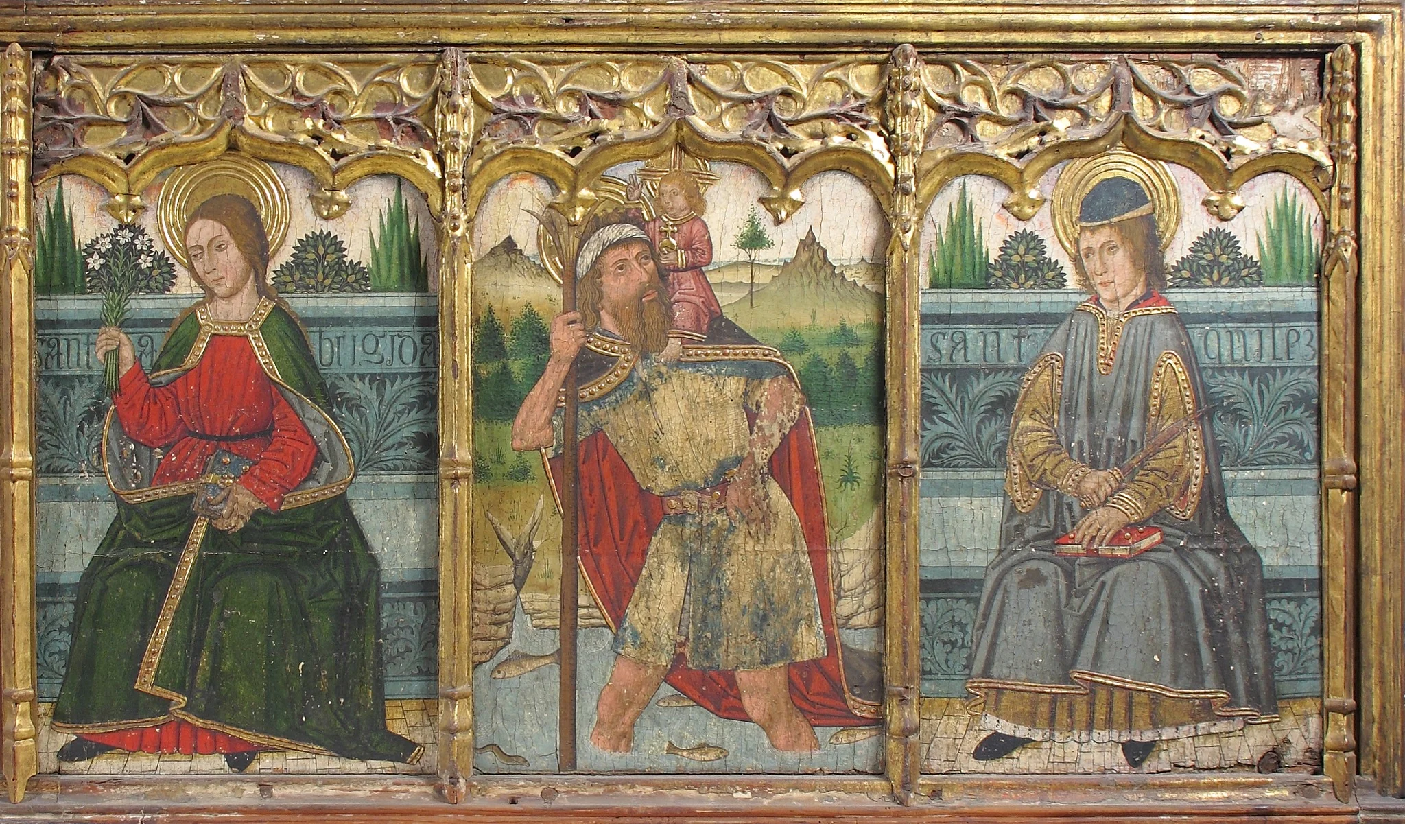 Predella pane with Saint Bridget, Saint Christopher, and Saint Kilian from Retable, detail