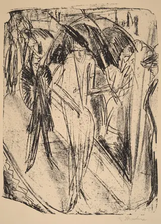 Lady in the Rain, by Ernst Ludwig Kirchner, ink, 1914