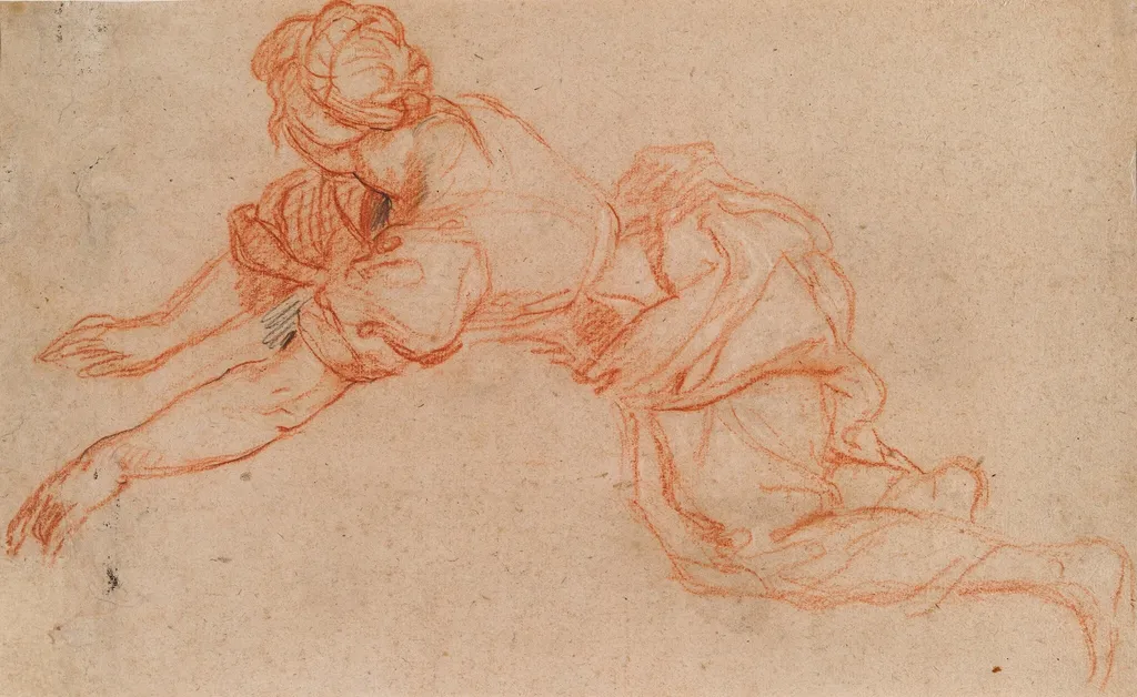 Young Woman Kneeling and Reaching Forward [verso], by Charles de La Fosse, chalk, 1698