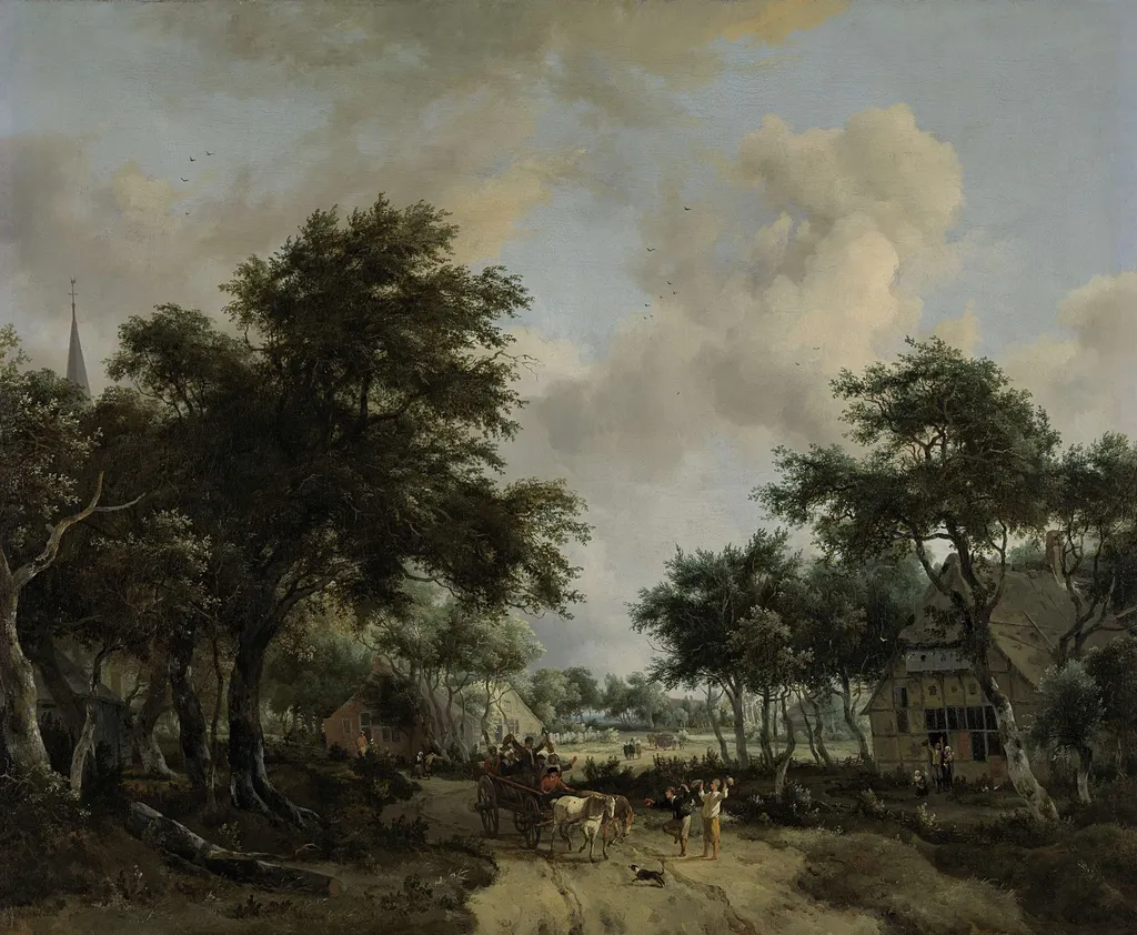 Wooded Landscape with Merrymakers in a Cart, by Meindert Hobbema, oil, 1665
