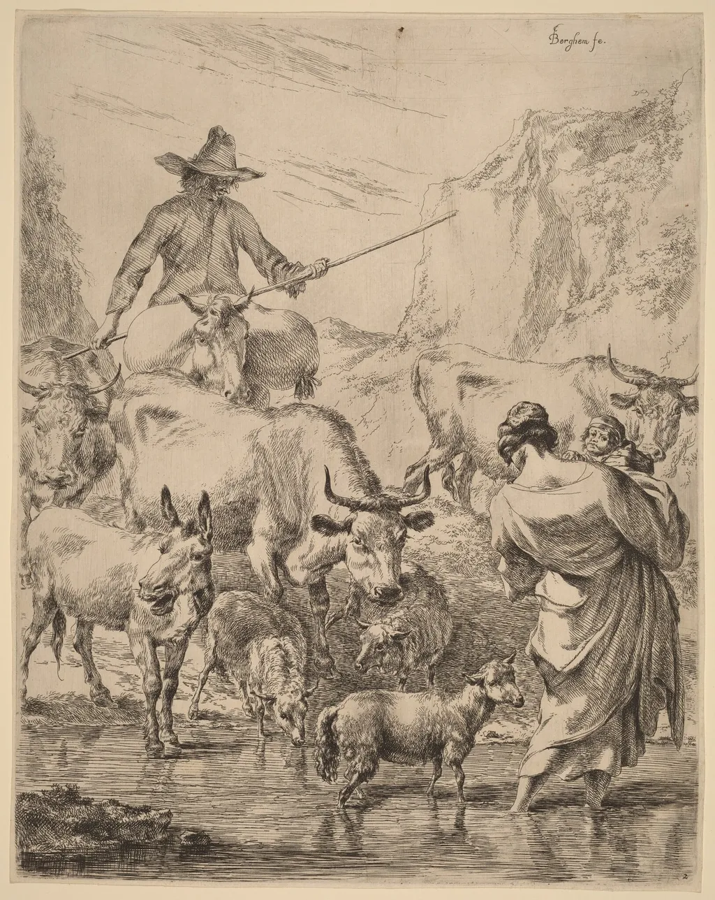 Herd Crossing the Brook, by Nicolaes Pieterszoon Berchem, ink, 1652