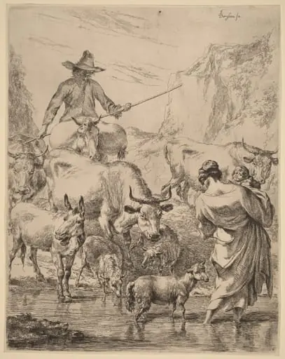 Herd Crossing the Brook, by Nicolaes Pieterszoon Berchem, ink, 1652