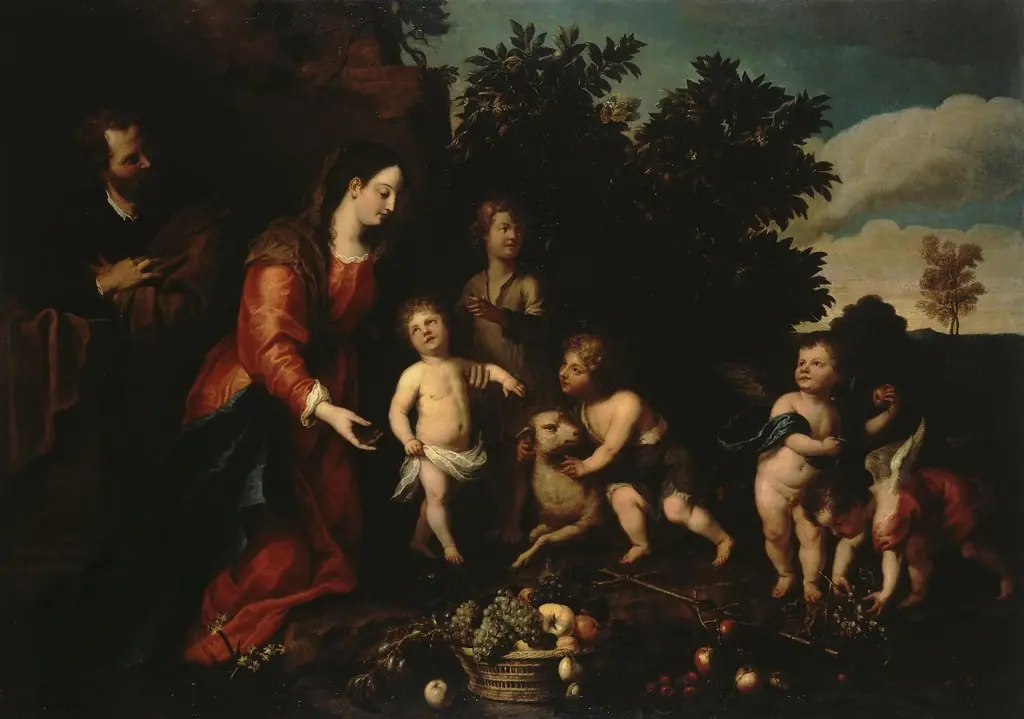 Holy Family with the Infant John and Angels, by Abraham van Diepenbeeck, oil, 1640