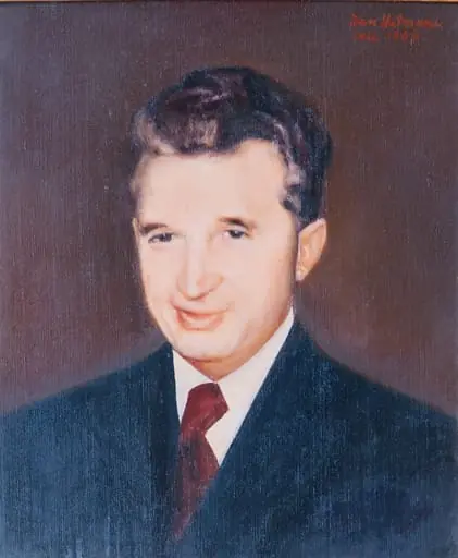 Tablou reprezentându-l pe Nicolae Ceaușescu, semnat Dan Hatmanu. Comandat de Comitetul Județean de Partid Iași și oferit cu ocazia zilei de naștere a președintelui RSR (ianuarie 1989)., by Dan Hatmanu