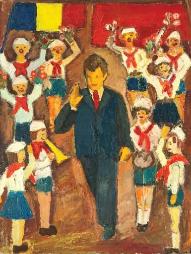 Tablou „Nicolae Ceaușescu, prietenul copiilor” semnat Popescu Simona, Dan Simona eleve în clasa a VII-a. Nicolae Ceaușescu reprezentat în mijlocul pionierilor într-un cadru festiv. Pe verso o însemnare “Casa pionierilor Urziceni”. Oferit de pionerii din Urziceni, ianuarie 1978,, by Dan Simona Popescu Simona