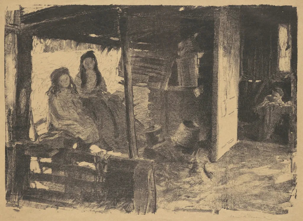 Untitled (2 girls in a barn), by Daniel Albert Veresmith, ink, 1917