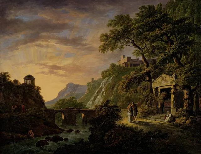 Arcadisch landschap met ondergaande zon
