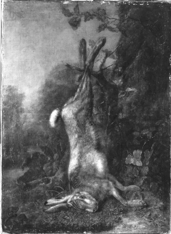 Jagdbeutestillleben mit einem Hasen, by Daniel Hien, unspecified, 1749