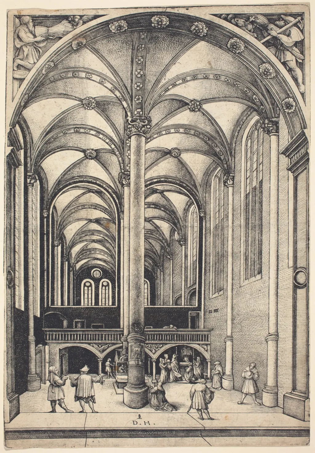 Interior of the Church of Saint Maria Magdalena with the Parable of the Offering of the Widow, by Daniel Hopfer, ink, 1530
